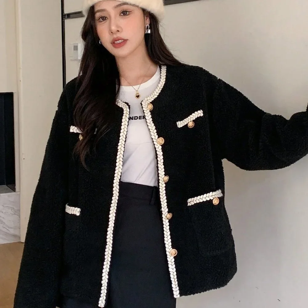 Black Preppy Womens Contrast Trim Drop Shoulder Teddy Jacket